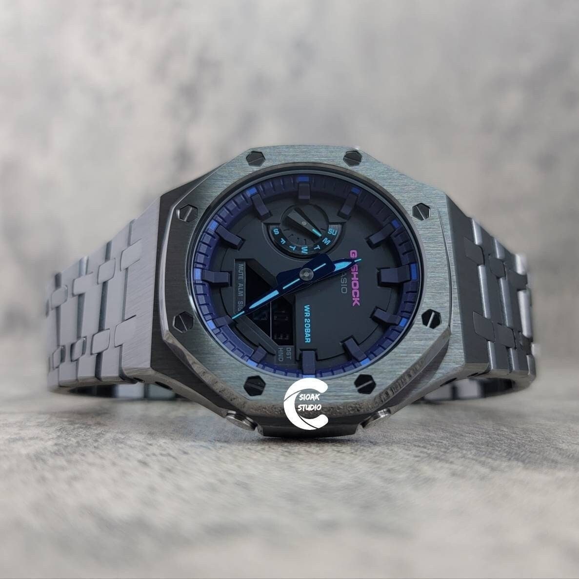 Casioak Mod Watch Gray Case Metal Strap Dark Purple Black Time Mark Black Dial 44mm- Casioak Mod Casio G-Shock Royal Oak Custom Mens Luxury Watches Ga2100