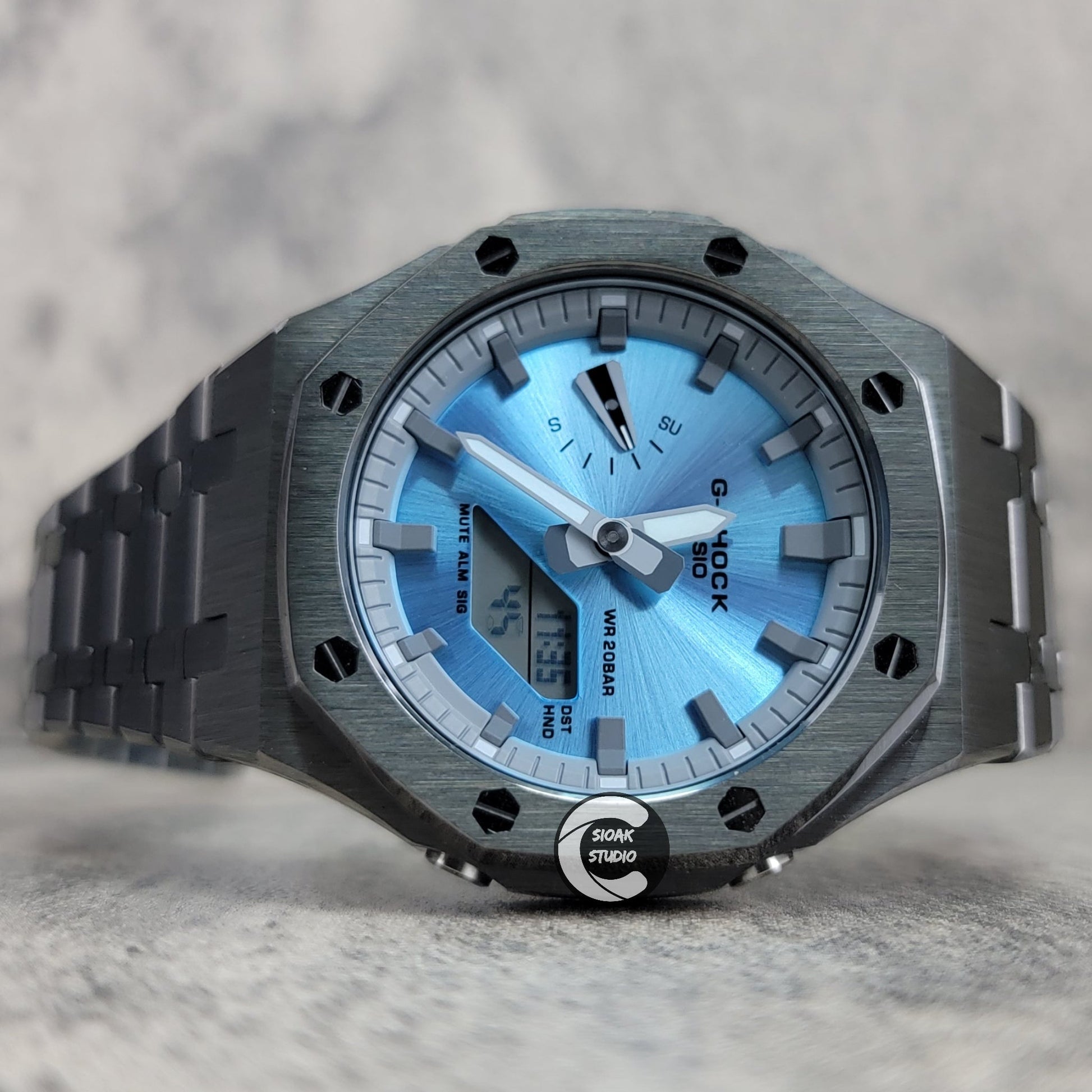 Casioak Mod Watch Gray Case Metal Strap Grayr Time Mark Ice Blue Dial 44mm- Casioak Mod Casio G-Shock Royal Oak Custom Mens Luxury Watches Ga2100