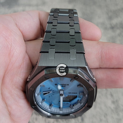 Casioak Mod Watch Gray Case Metal Strap Grayr Time Mark Ice Blue Dial 44mm- Casioak Mod Casio G-Shock Royal Oak Custom Mens Luxury Watches Ga2100