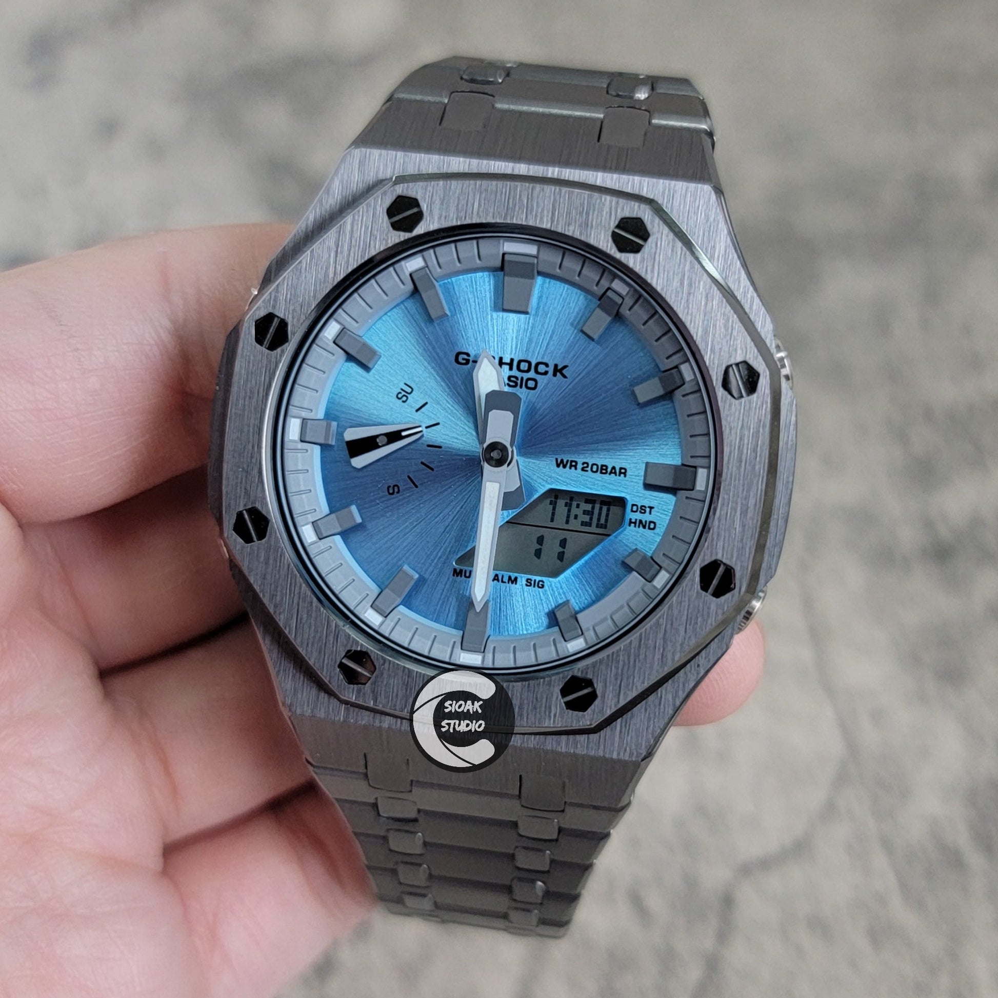 Casioak Mod Watch Gray Case Metal Strap Grayr Time Mark Ice Blue Dial 44mm- Casioak Mod Casio G-Shock Royal Oak Custom Mens Luxury Watches Ga2100