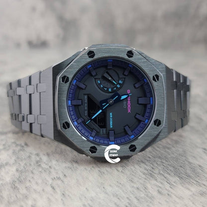 Casioak Mod Watch Gray Case Metal Strap Purple Black Time Mark Black Dial 44mm- Casioak Mod Casio G-Shock Royal Oak Custom Mens Luxury Watches Ga2100