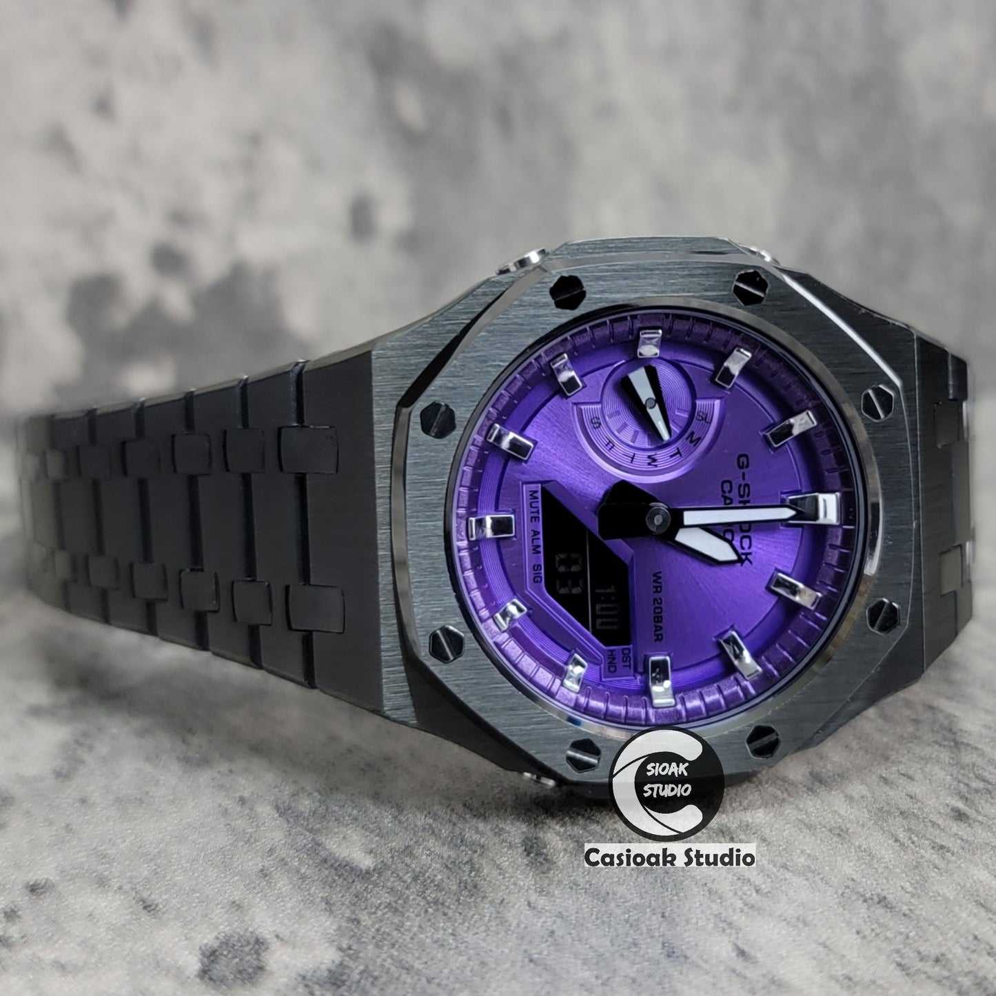 Casioak Mod Watch Gray Case Metal Strap Purple Time Mark Purple Dial 44mm- Casioak Mod Casio G-Shock Royal Oak Custom Mens Luxury Watches Ga2100