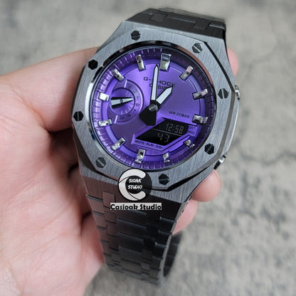 Casioak Mod Watch Gray Case Metal Strap Purple Time Mark Purple Dial 44mm- Casioak Mod Casio G-Shock Royal Oak Custom Mens Luxury Watches Ga2100