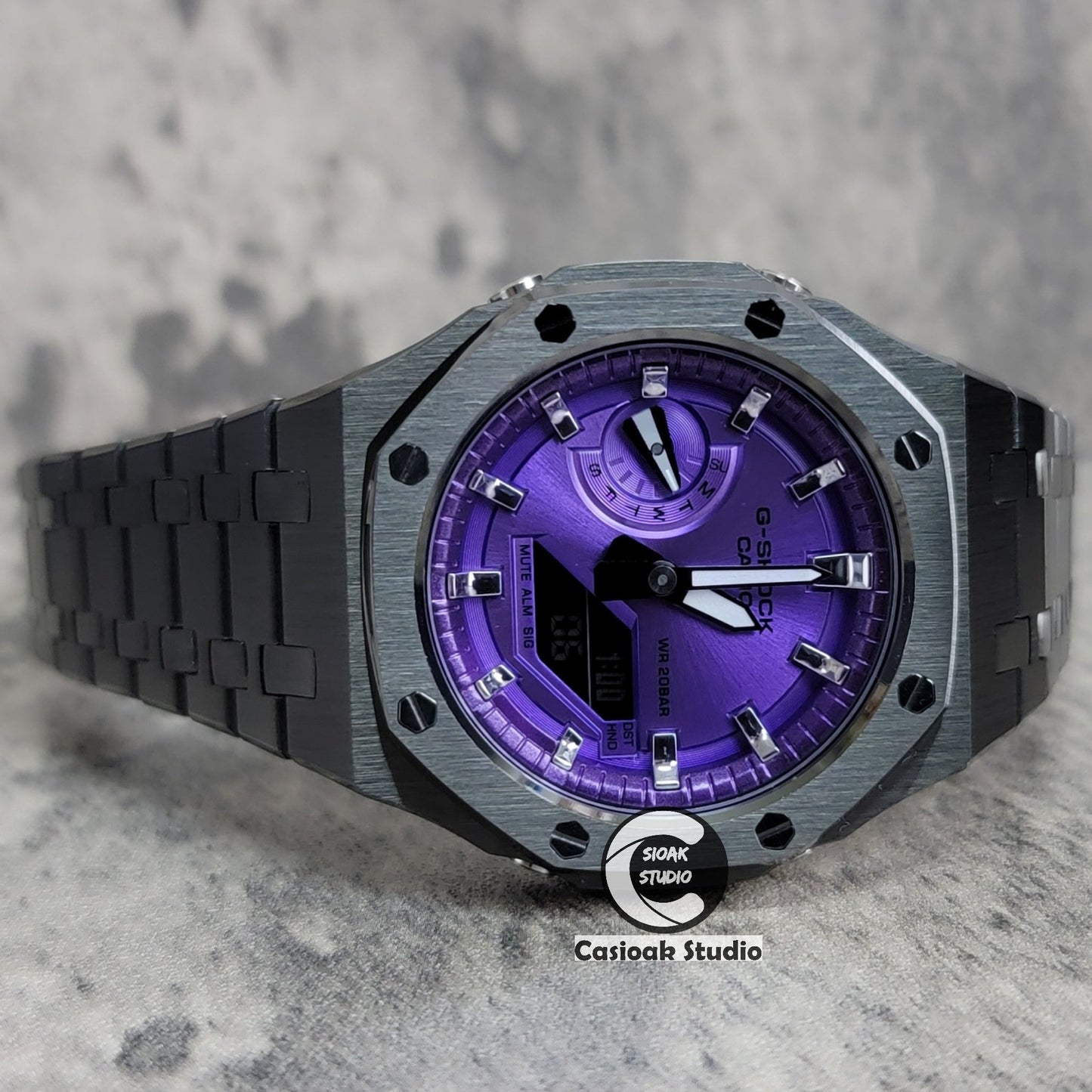 Casioak Mod Watch Gray Case Metal Strap Purple Time Mark Purple Dial 44mm- Casioak Mod Casio G-Shock Royal Oak Custom Mens Luxury Watches Ga2100