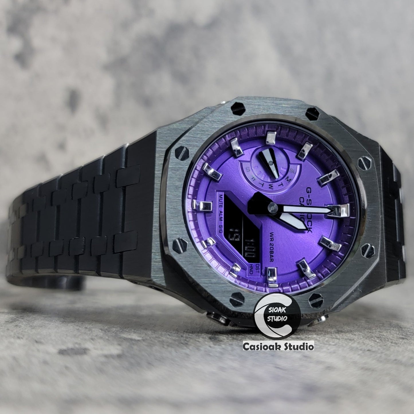 Casioak Mod Watch Gray Case Metal Strap Purple Time Mark Purple Dial 44mm- Casioak Mod Casio G-Shock Royal Oak Custom Mens Luxury Watches Ga2100