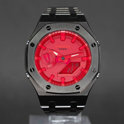 Casioak Mod Watch Gray Case Metal Strap Red Time Mark Red Dial 44mm- Casioak Mod Casio G-Shock Royal Oak Custom Mens Luxury Watches Ga2100