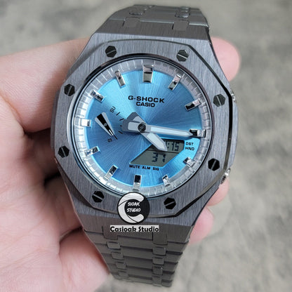 Casioak Mod Watch Gray Case Metal Strap Silver Time Mark Ice Blue Dial 44mm- Casioak Mod Casio G-Shock Royal Oak Custom Mens Luxury Watches Ga2100