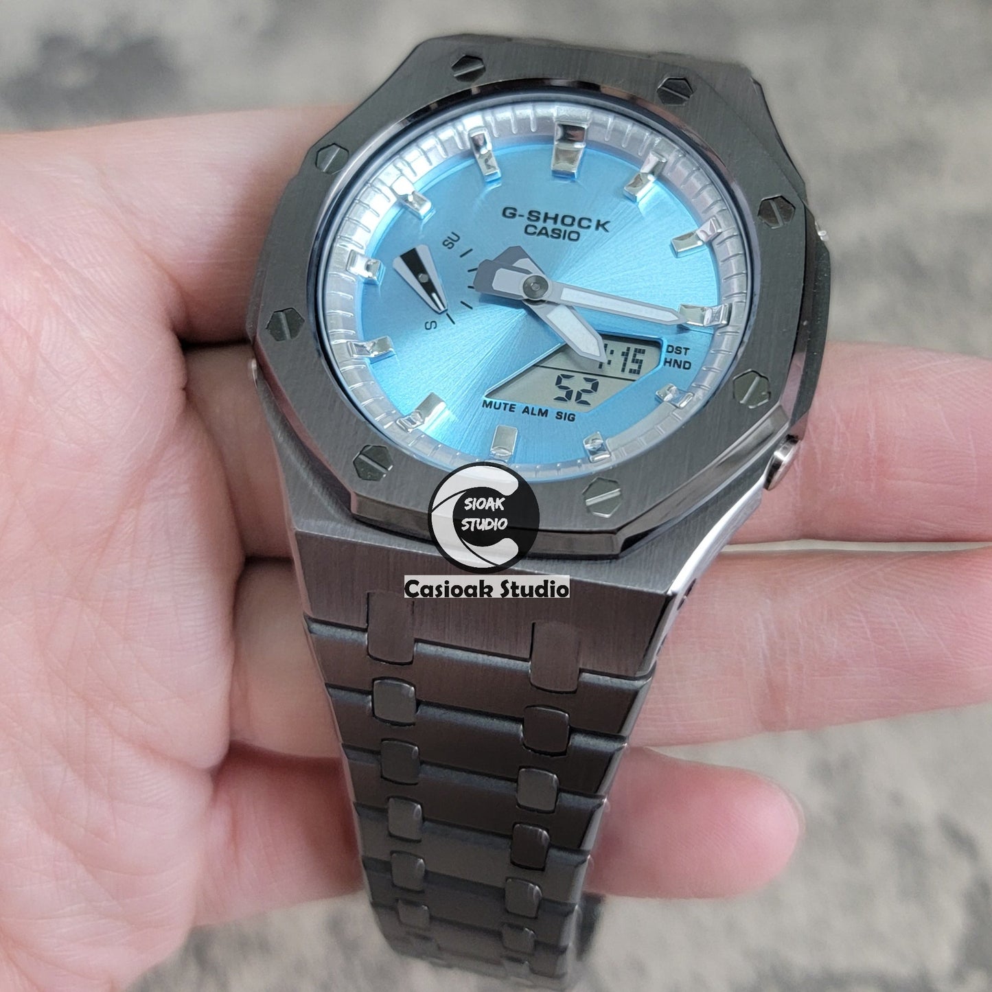 Casioak Mod Watch Gray Case Metal Strap Silver Time Mark Ice Blue Dial 44mm- Casioak Mod Casio G-Shock Royal Oak Custom Mens Luxury Watches Ga2100