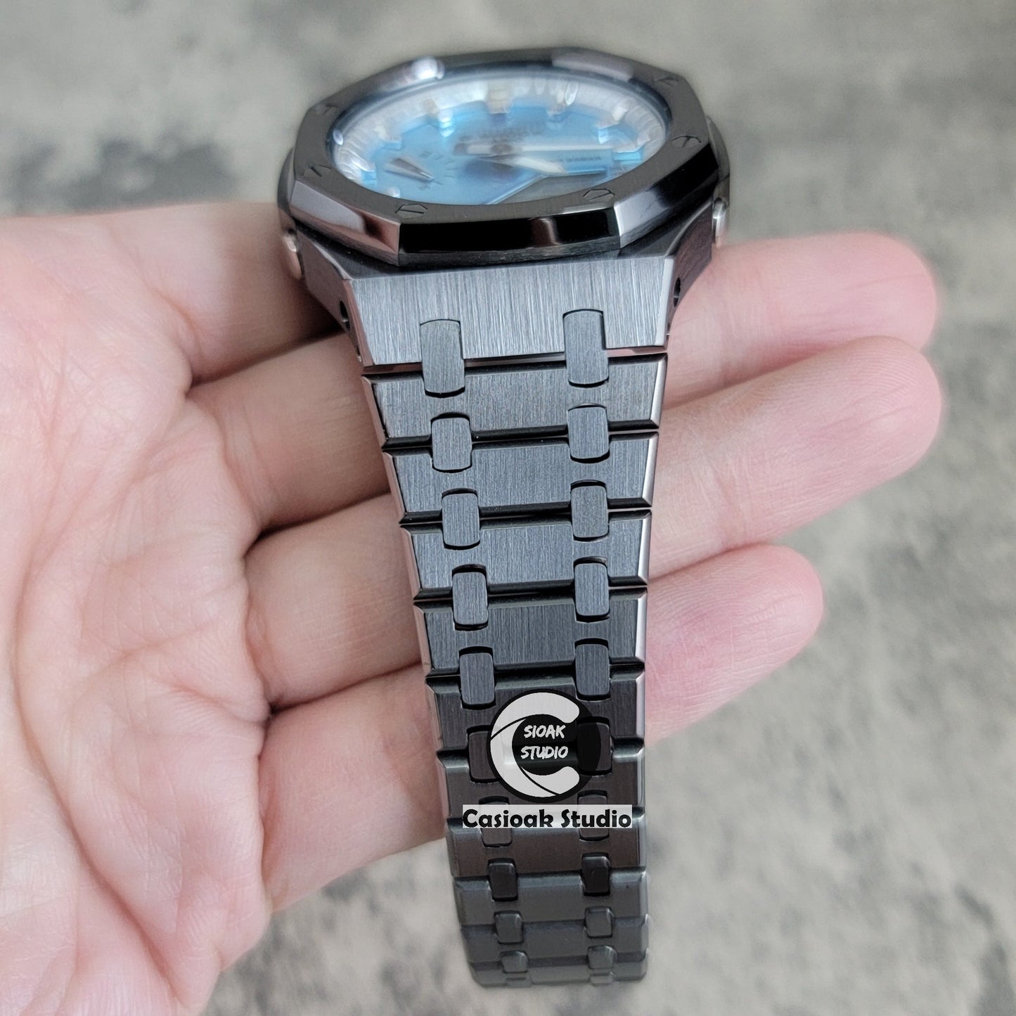 Casioak Mod Watch Gray Case Metal Strap Silver Time Mark Ice Blue Dial 44mm- Casioak Mod Casio G-Shock Royal Oak Custom Mens Luxury Watches Ga2100