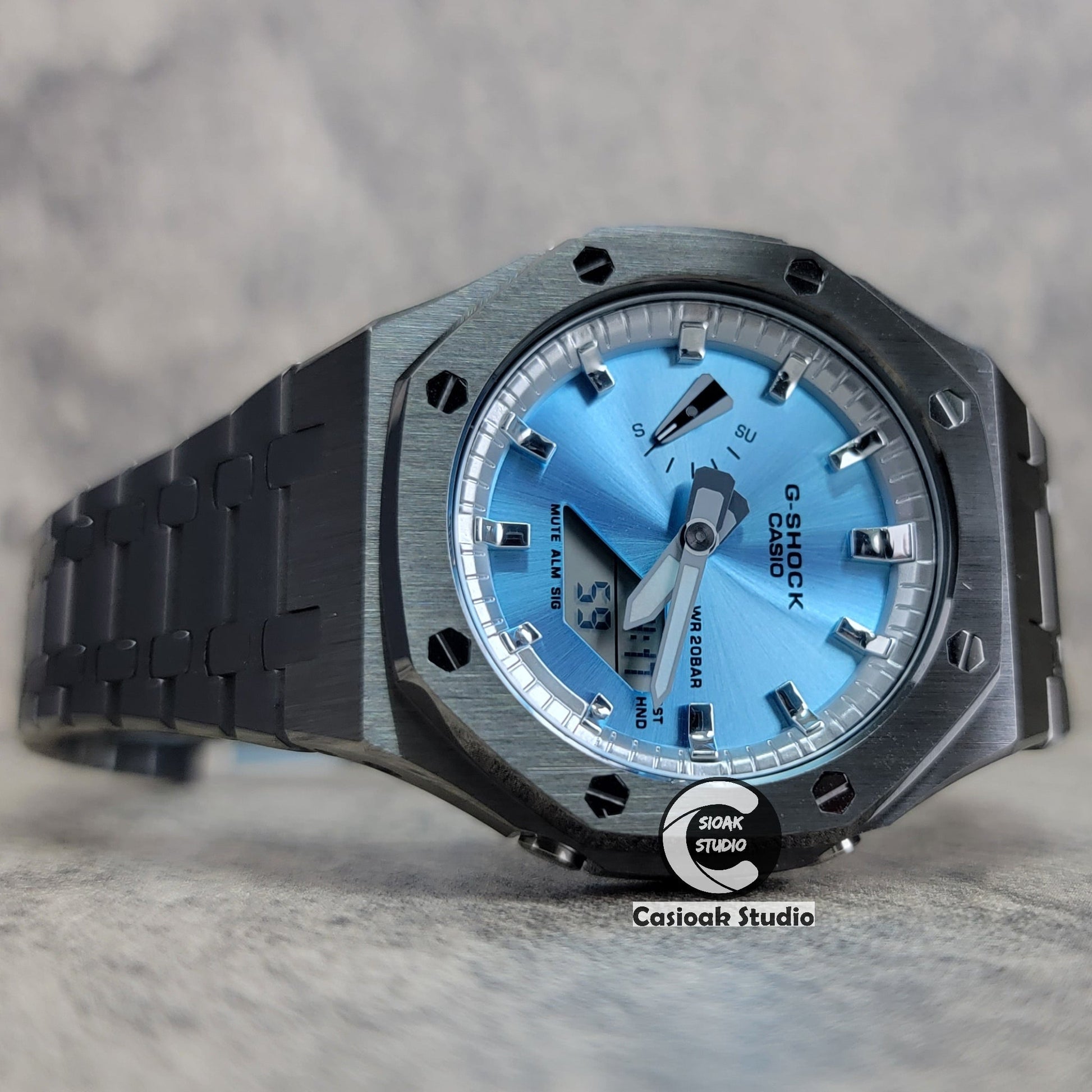 Casioak Mod Watch Gray Case Metal Strap Silver Time Mark Ice Blue Dial 44mm- Casioak Mod Casio G-Shock Royal Oak Custom Mens Luxury Watches Ga2100