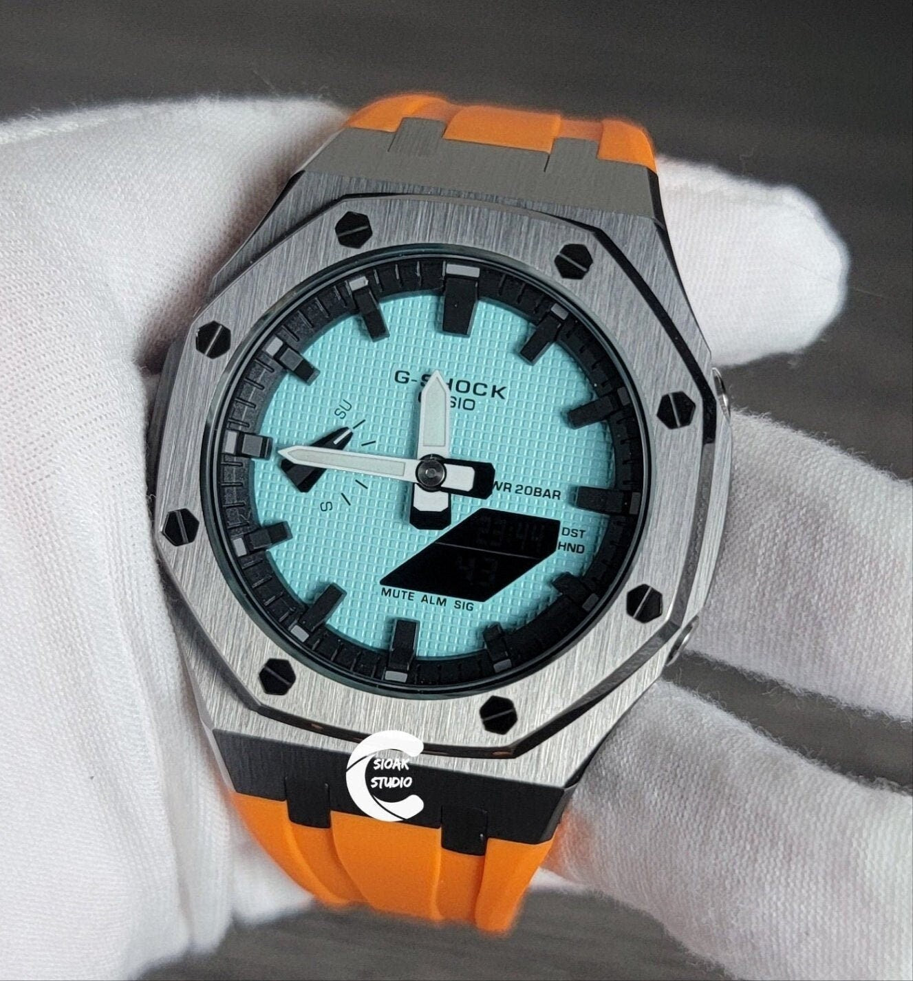 Casioak Mod Watch Gray Case Orange Rubber Strap Black Time Mark Tiff Blue Dial 44mm 9999- Casioak Mod Casio G-Shock Royal Oak Custom Mens Luxury Watches Ga2100