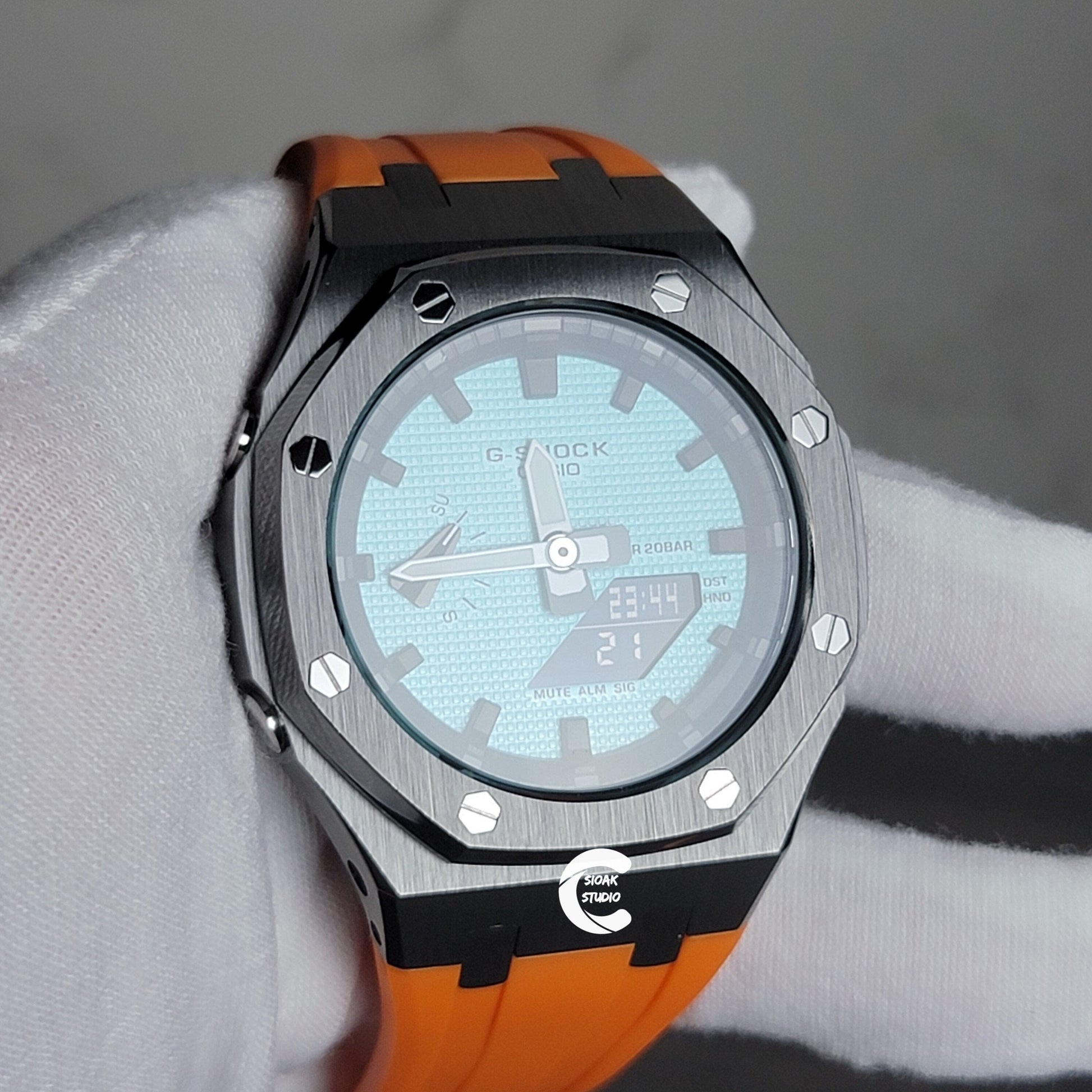 Casioak Mod Watch Gray Case Orange Rubber Strap Black Time Mark Tiff Blue Dial 44mm 9999- Casioak Mod Casio G-Shock Royal Oak Custom Mens Luxury Watches Ga2100