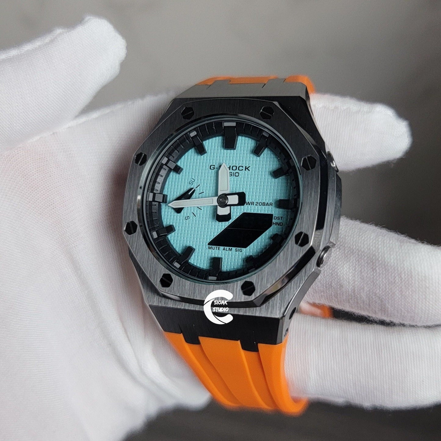 Casioak Mod Watch Gray Case Orange Rubber Strap Black Time Mark Tiff Blue Dial 44mm- Casioak Mod Casio G-Shock Royal Oak Custom Mens Luxury Watches Ga2100