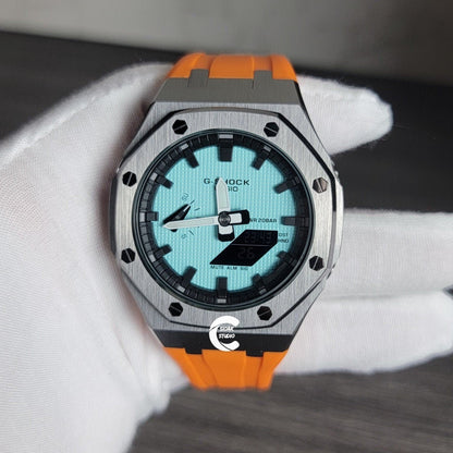 Casioak Mod Watch Gray Case Orange Rubber Strap Black Time Mark Tiff Blue Dial 44mm- Casioak Mod Casio G-Shock Royal Oak Custom Mens Luxury Watches Ga2100