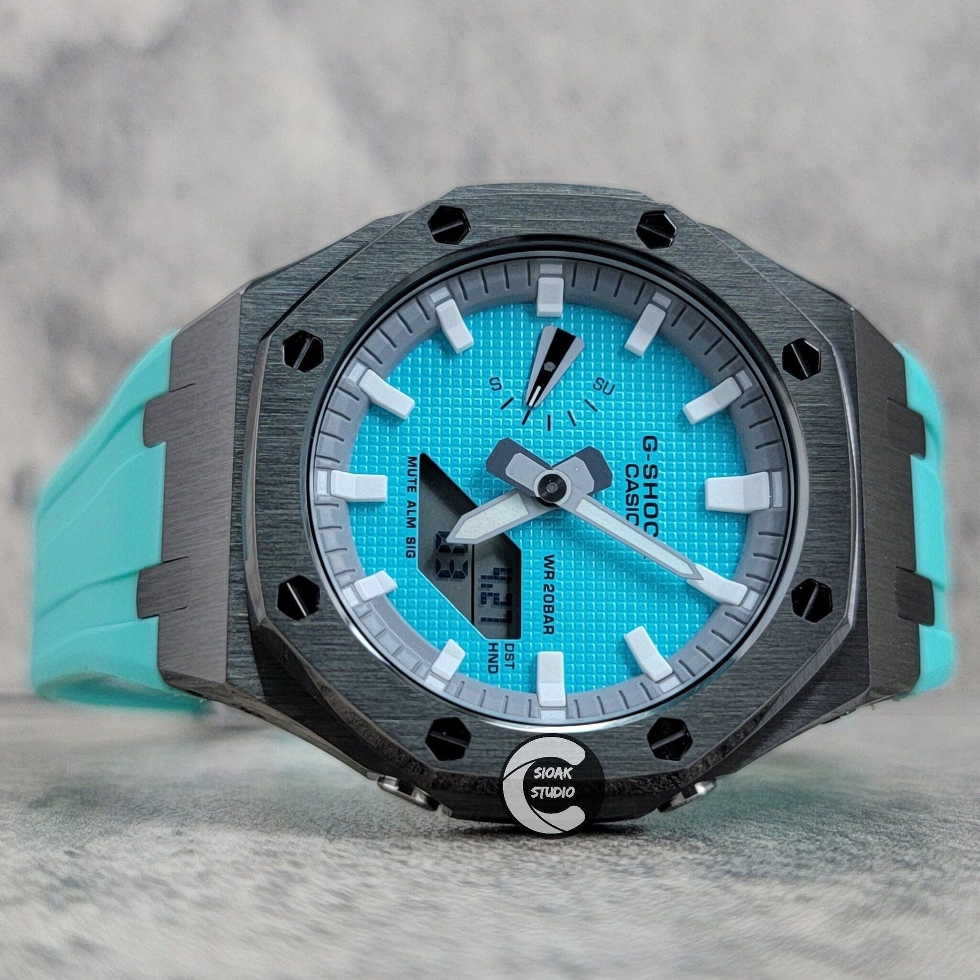 Casioak Mod Watch Gray Case Tiff Blue Rubber Strap Light Gray White Time Mark Tiff Blue Dial 44mm- Casioak Mod Casio G-Shock Royal Oak Custom Mens Luxury Watches Ga2100