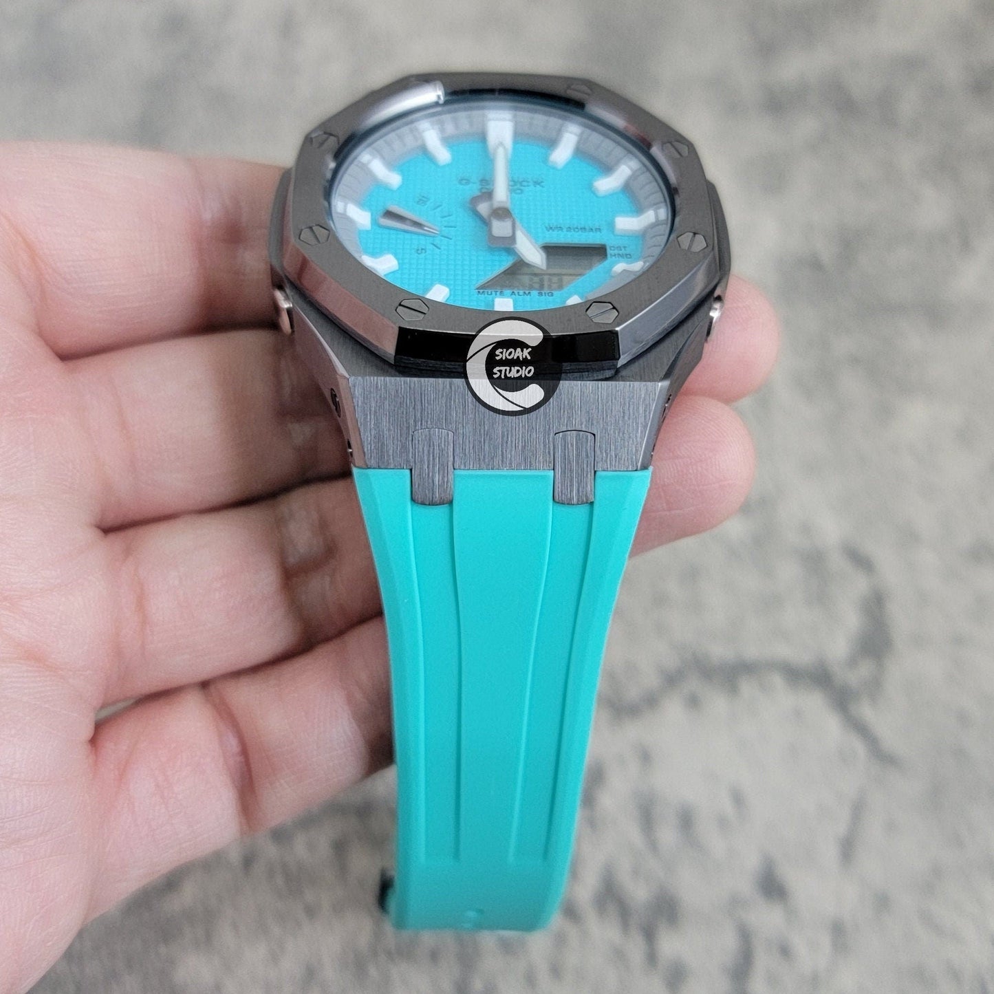 Casioak Mod Watch Gray Case Tiff Blue Rubber Strap Light Gray White Time Mark Tiff Blue Dial 44mm- Casioak Mod Casio G-Shock Royal Oak Custom Mens Luxury Watches Ga2100