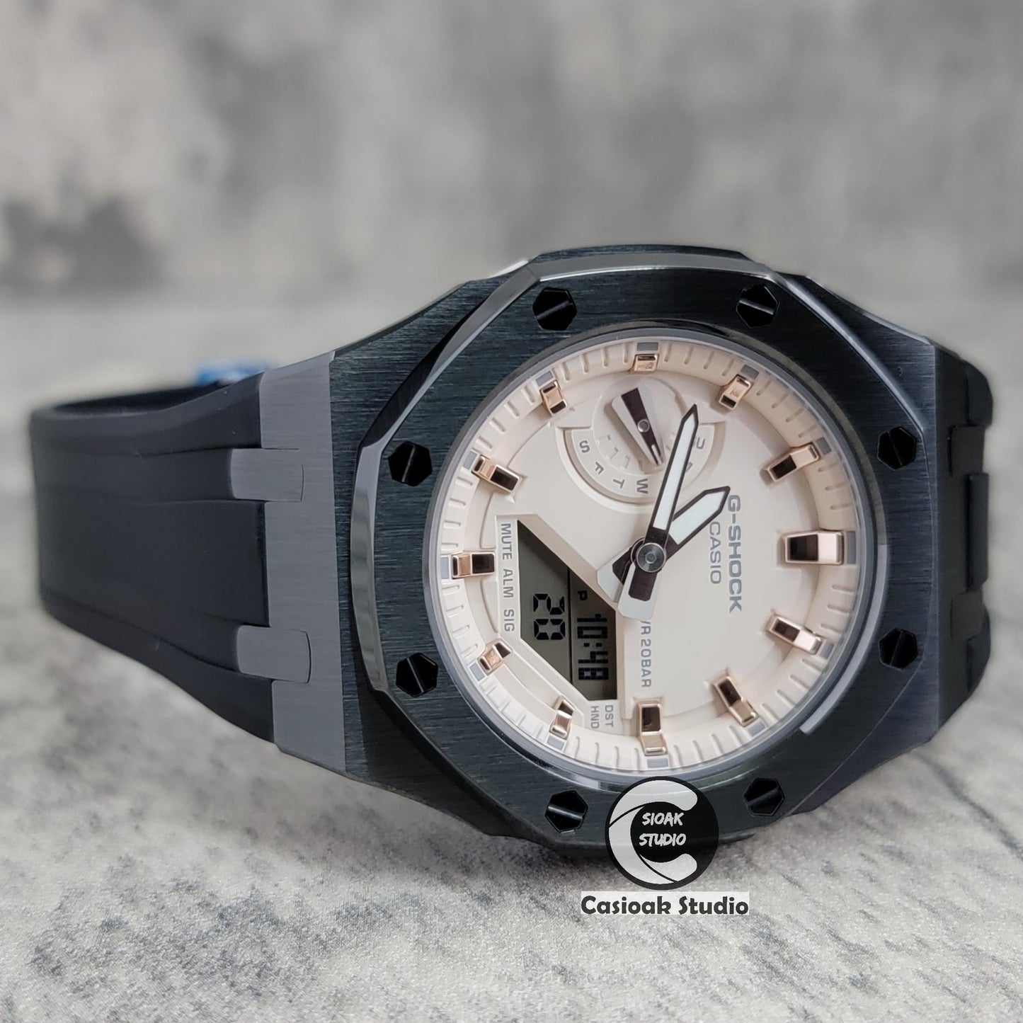 Casioak Mod Watch Gray Case White Rubber Strap Beige Rose Gold Time Mark Beige Dial 42mm- Casioak Mod Casio G-Shock Royal Oak Custom Mens Luxury Watches Ga2100