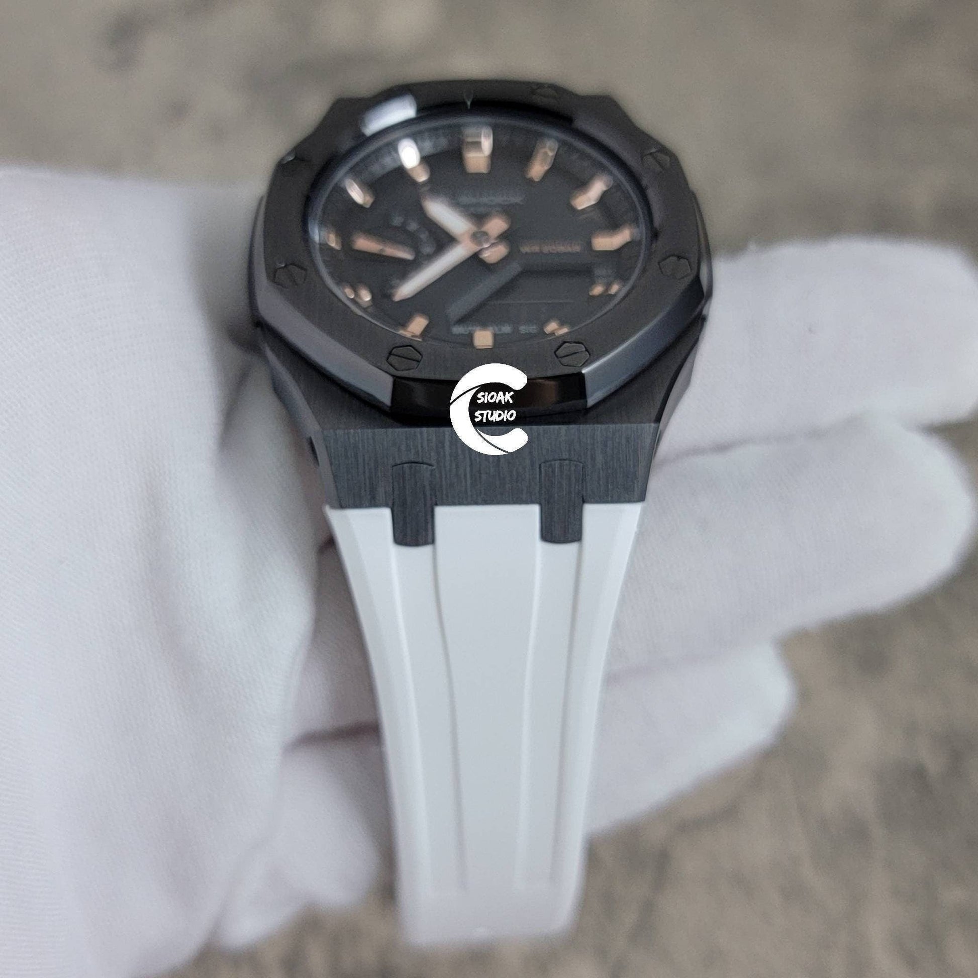 Casioak Mod Watch Gray Case White Rubber Strap Black Rose Gold Time Mark Black Dial 42mm- Casioak Mod Casio G-Shock Royal Oak Custom Mens Luxury Watches Ga2100