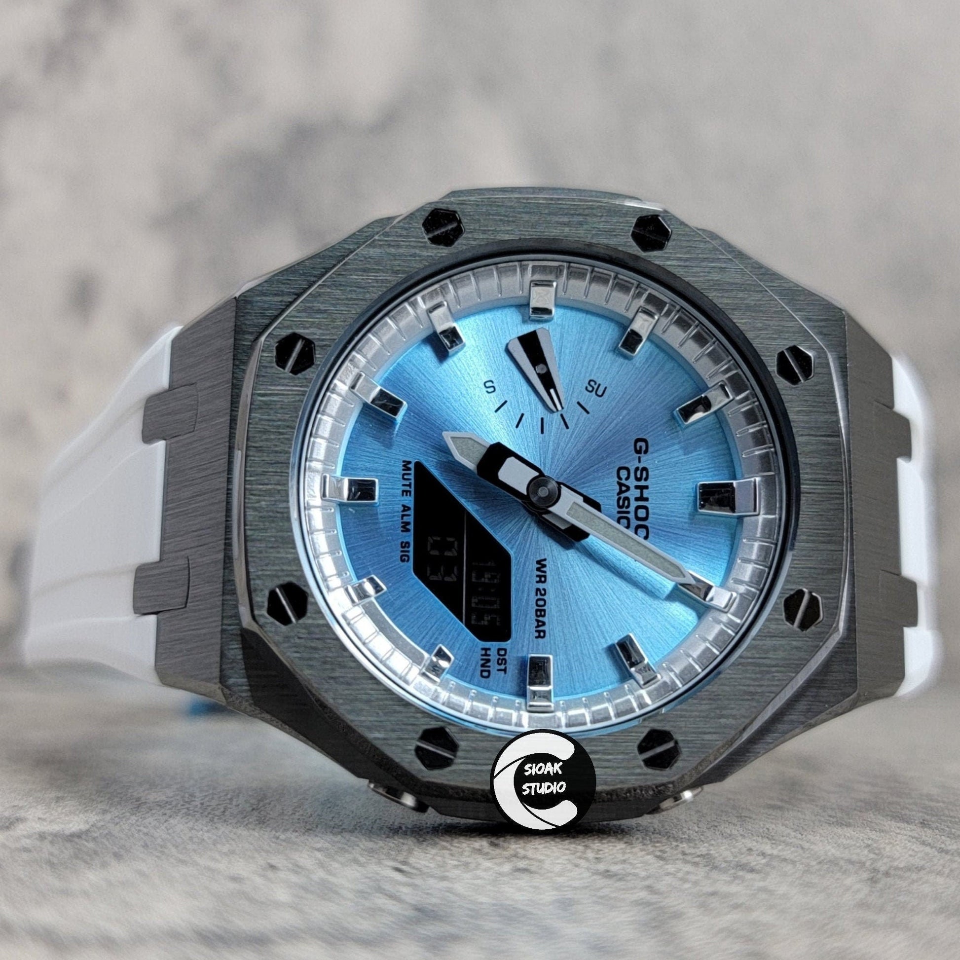 Casioak Mod Watch Gray Case White Rubber Strap Silver Time Mark Ice Blue Dial 44mm- Casioak Mod Casio G-Shock Royal Oak Custom Mens Luxury Watches Ga2100