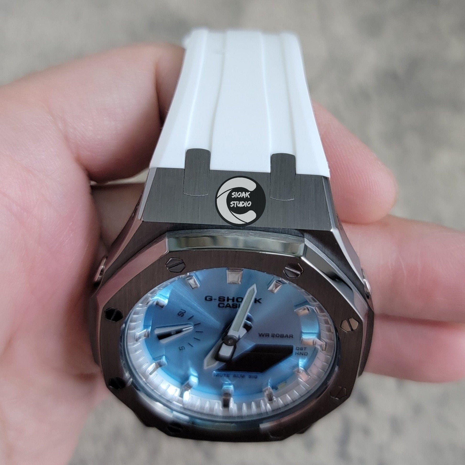 Casioak Mod Watch Gray Case White Rubber Strap Silver Time Mark Ice Blue Dial 44mm- Casioak Mod Casio G-Shock Royal Oak Custom Mens Luxury Watches Ga2100