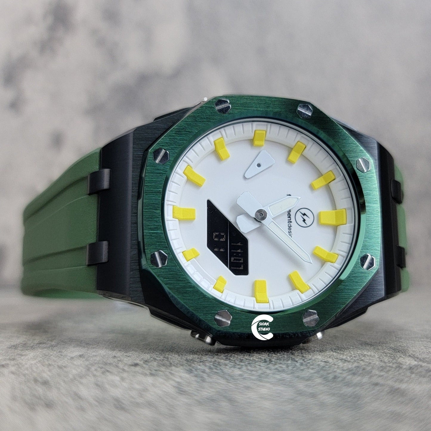 Casioak Mod Watch Green Black Offshore Superior Case Green Rubber Strap White Time Mark Dial 44mm- Casioak Mod Casio G-Shock Royal Oak Custom Mens Luxury Watches Ga2100