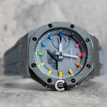 Casioak Mod Watch Grey Case Gray Rubber Strap Gray Rainbow Time Mark Gray Dial 44mm- Casioak Mod Casio G-Shock Royal Oak Custom Mens Luxury Watches Ga2100