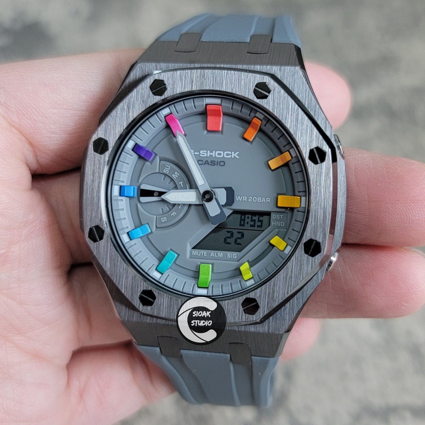 Casioak Mod Watch Grey Case Gray Rubber Strap Gray Rainbow Time Mark Gray Dial 44mm- Casioak Mod Casio G-Shock Royal Oak Custom Mens Luxury Watches Ga2100