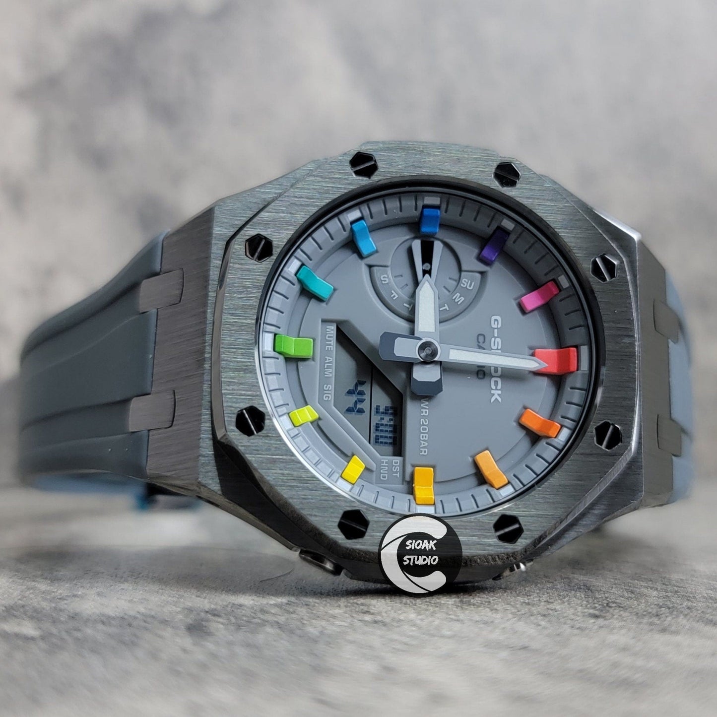 Casioak Mod Watch Grey Case Gray Rubber Strap Gray Rainbow Time Mark Gray Dial 44mm- Casioak Mod Casio G-Shock Royal Oak Custom Mens Luxury Watches Ga2100