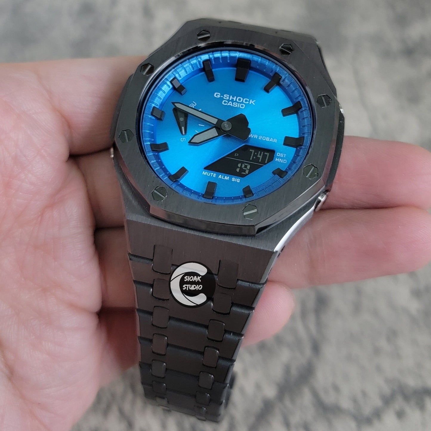 Casioak Mod Watch Grey Case Metal Strap Blue Black Time Mark Metallic Blue Dial 44mm- Casioak Mod Casio G-Shock Royal Oak Custom Mens Luxury Watches Ga2100