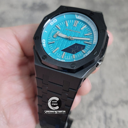 Casioak Mod Watch NEW Black Case Metal Strap Tiff Silver Time Mark Tiff Blue Dial 44mm Sapphire Glass- Casioak Mod Casio G-Shock Royal Oak Custom Mens Luxury Watches Ga2100