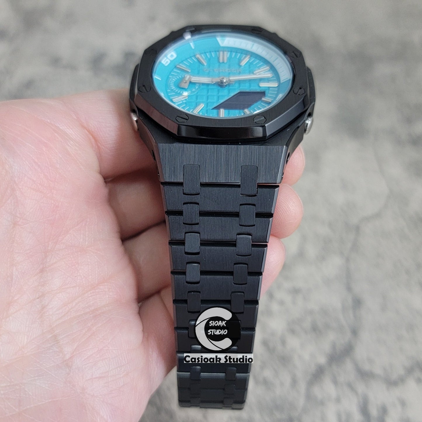 Casioak Mod Watch NEW Black Case Metal Strap Tiff Silver Time Mark Tiff Blue Dial 44mm Sapphire Glass- Casioak Mod Casio G-Shock Royal Oak Custom Mens Luxury Watches Ga2100