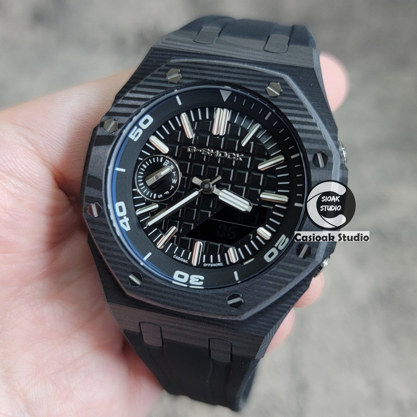 Casioak Mod Watch NEW Carbon Fiber Black Case Black Strap Black Silve Time Mark Black Dial 44mm- Casioak Mod Casio G-Shock Royal Oak Custom Mens Luxury Watches Ga2100