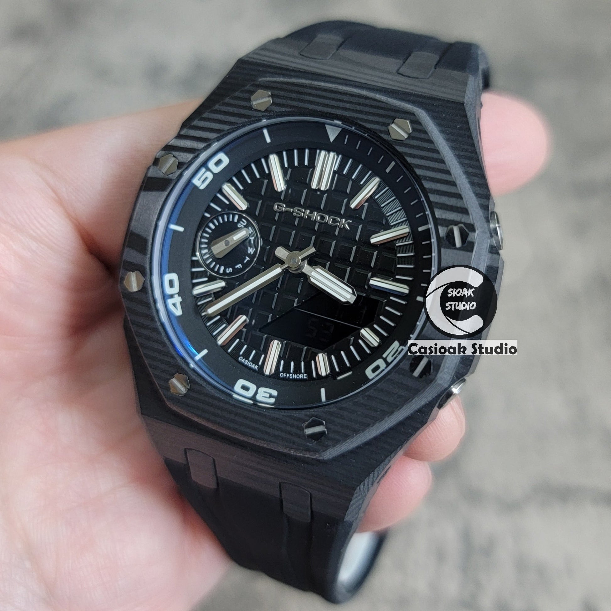 Casioak Mod Watch NEW Carbon Fiber Black Case Black Strap Black Silve Time Mark Black Dial 44mm- Casioak Mod Casio G-Shock Royal Oak Custom Mens Luxury Watches Ga2100