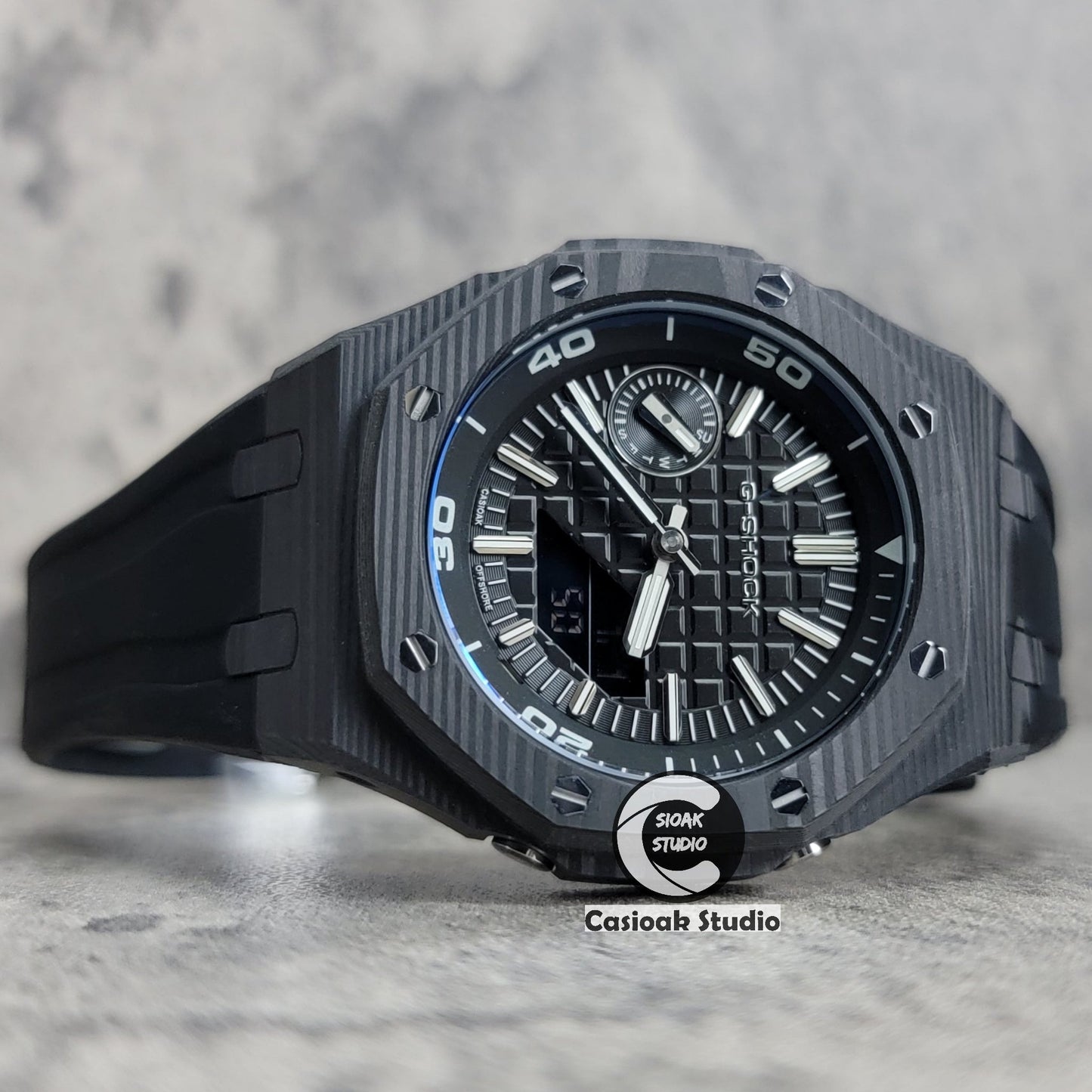 Casioak Mod Watch NEW Carbon Fiber Black Case Black Strap Black Silve Time Mark Black Dial 44mm- Casioak Mod Casio G-Shock Royal Oak Custom Mens Luxury Watches Ga2100