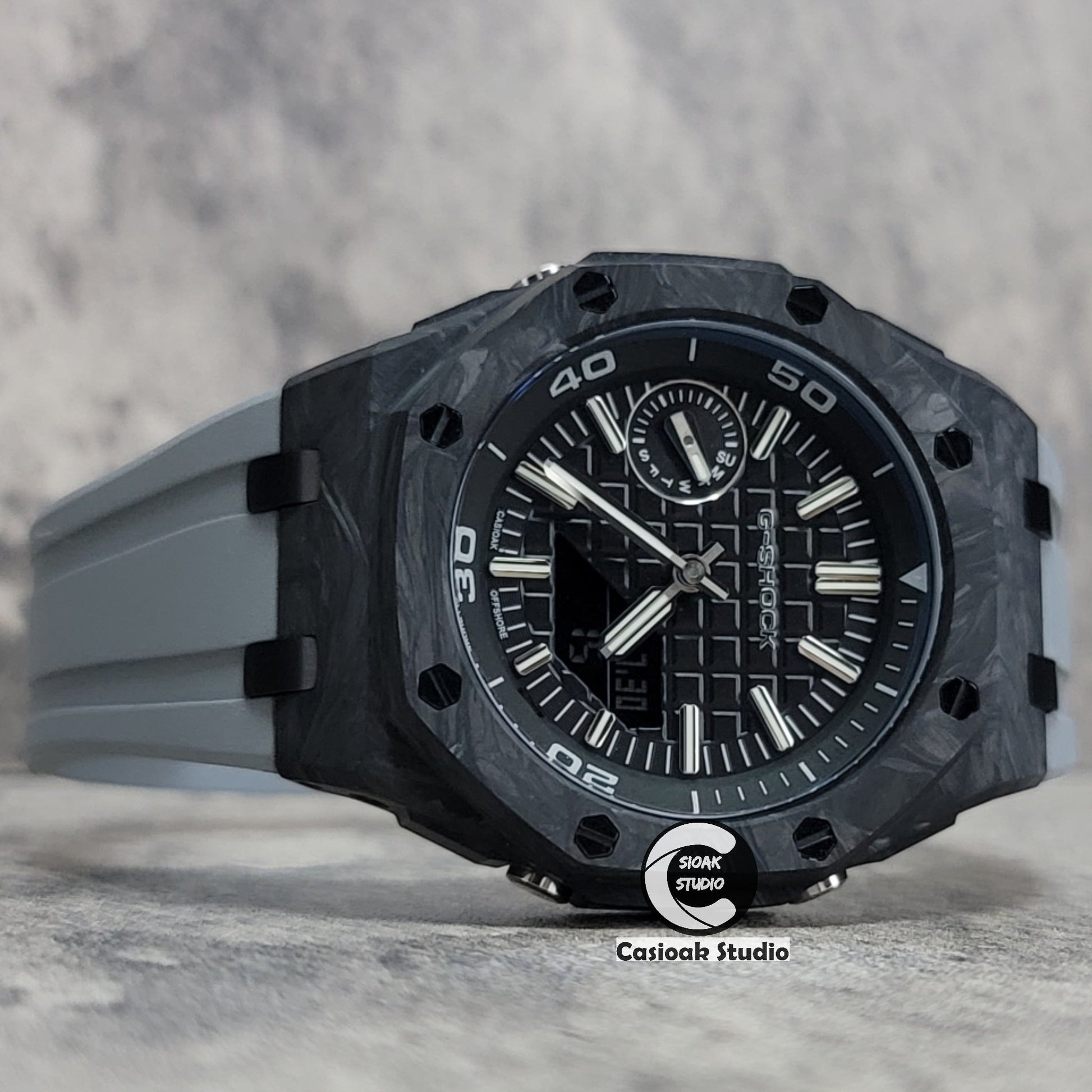 Casioak Mod Watch NEW Carbon Fiber Offshore Superior Black Case Gray Strap Black Silver Time Mark Black Dial 44mm Sapphire Glass- Casioak Mod Casio G-Shock Royal Oak Custom Mens Luxury Watches Ga2100