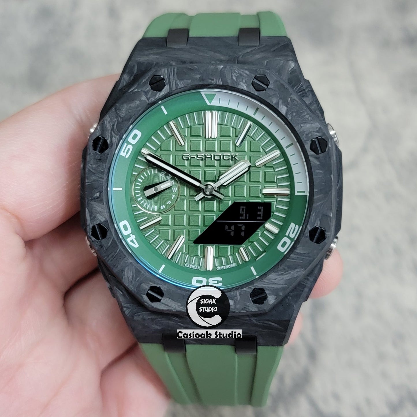 Casioak Mod Watch NEW Carbon Fiber Offshore Superior Black Case Green Strap Green Silver Time Mark Green Dial 44mm- Casioak Mod Casio G-Shock Royal Oak Custom Mens Luxury Watches Ga2100