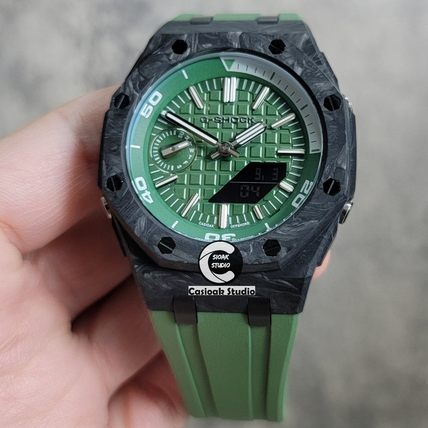 Casioak Mod Watch NEW Carbon Fiber Offshore Superior Black Case Green Strap Green Silver Time Mark Green Dial 44mm- Casioak Mod Casio G-Shock Royal Oak Custom Mens Luxury Watches Ga2100