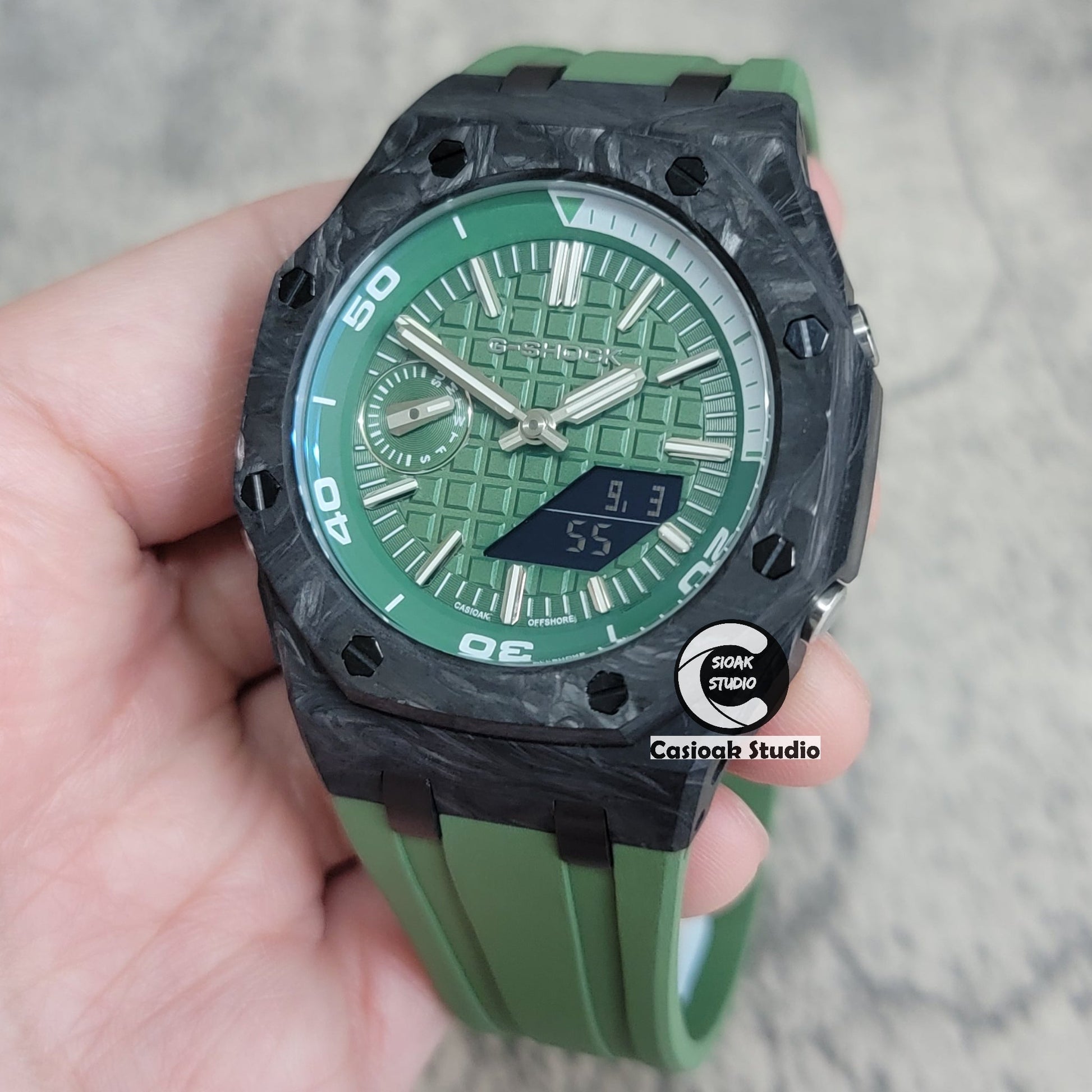 Casioak Mod Watch NEW Carbon Fiber Offshore Superior Black Case Green Strap Green Silver Time Mark Green Dial 44mm- Casioak Mod Casio G-Shock Royal Oak Custom Mens Luxury Watches Ga2100