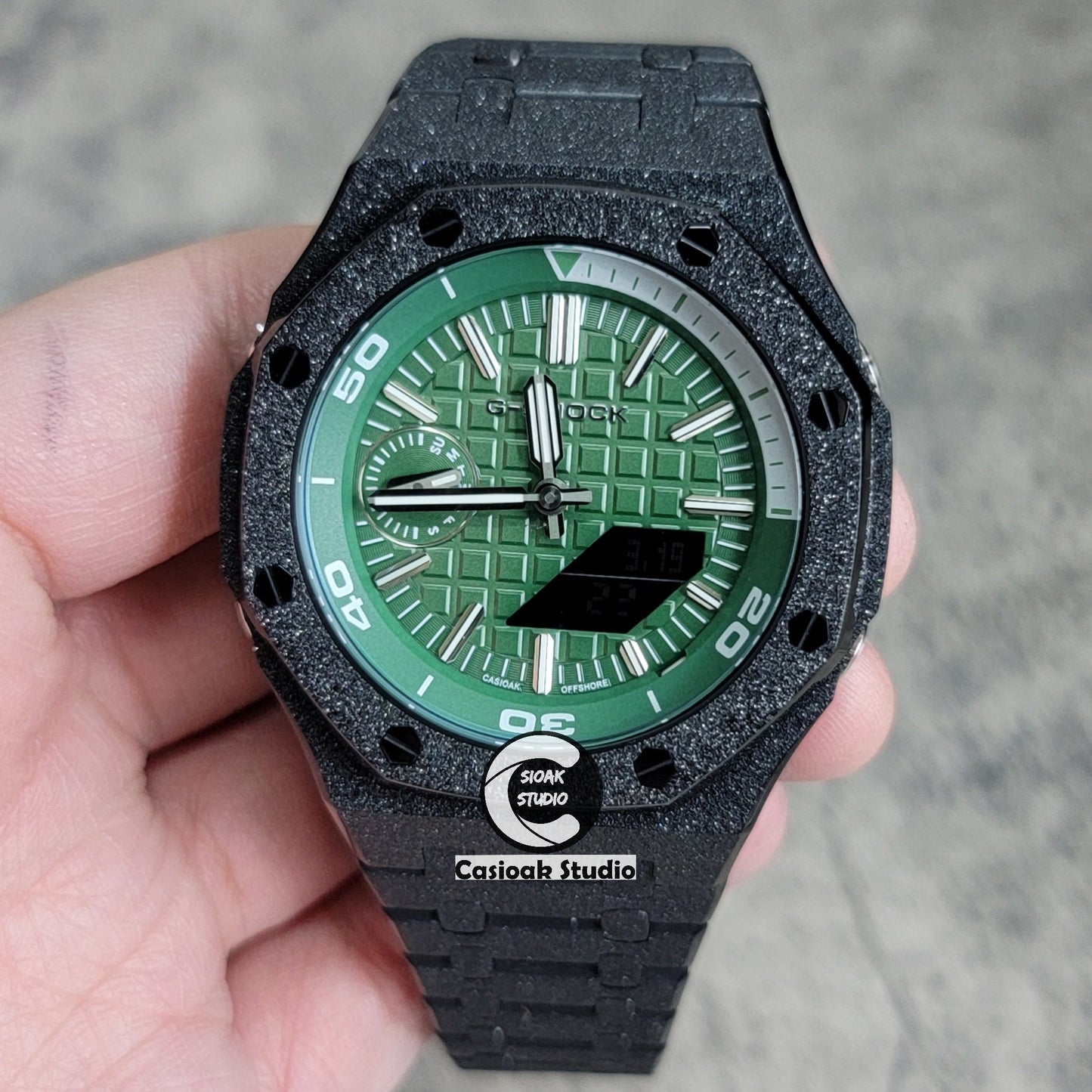 Casioak Mod Watch NEW Frosted Black Case Metal Strap Green Time Mark Green Waffle Dial 44mm Sapphire Glass- Casioak Mod Casio G-Shock Royal Oak Custom Mens Luxury Watches Ga2100