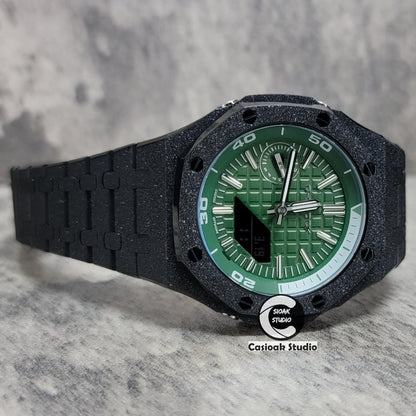 Casioak Mod Watch NEW Frosted Black Case Metal Strap Green Time Mark Green Waffle Dial 44mm Sapphire Glass- Casioak Mod Casio G-Shock Royal Oak Custom Mens Luxury Watches Ga2100