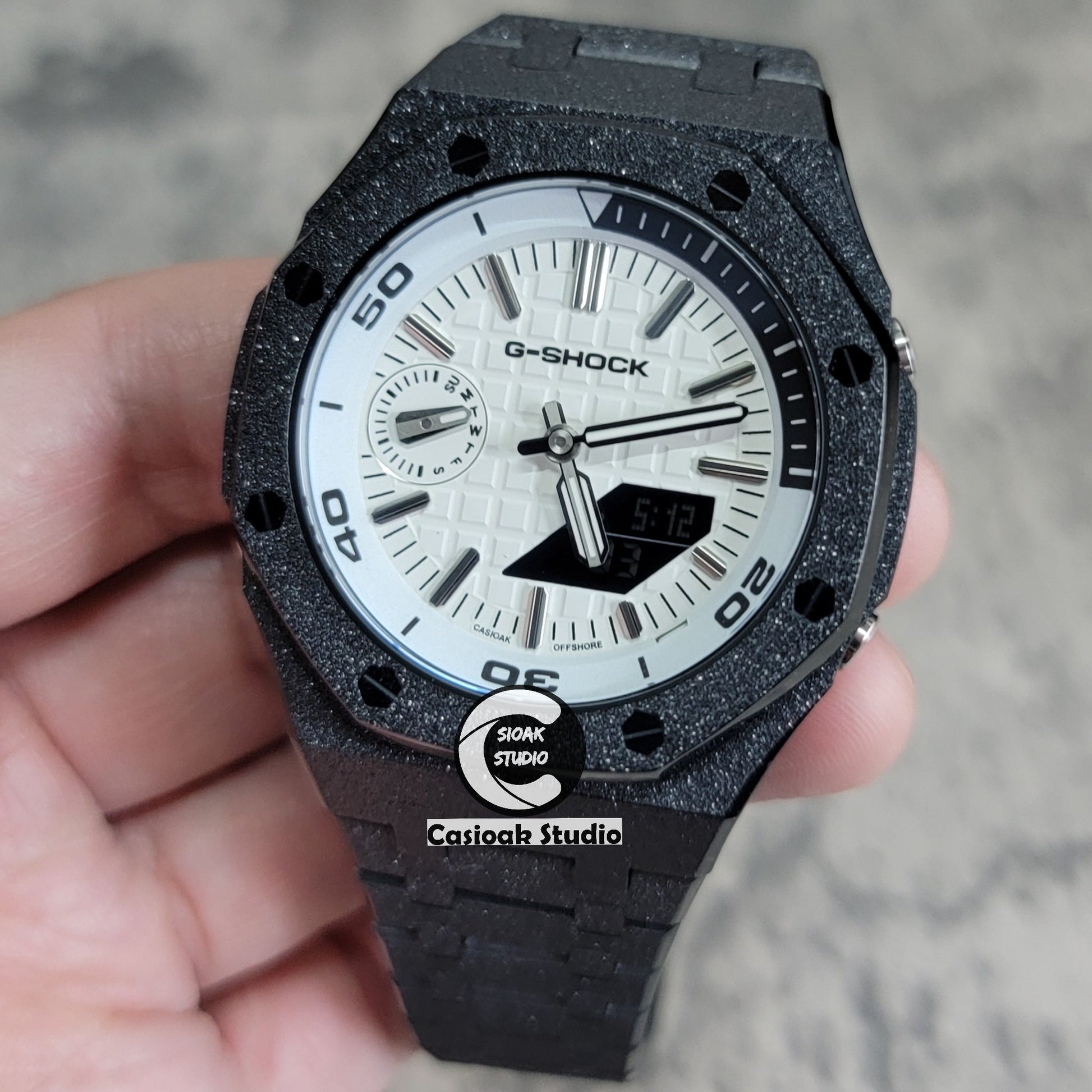 Casioak Mod Watch NEW Frosted Black Case Metal Strap Silver Time Mark White Dial 44mm Sapphire Glass- Casioak Mod Casio G-Shock Royal Oak Custom Mens Luxury Watches Ga2100