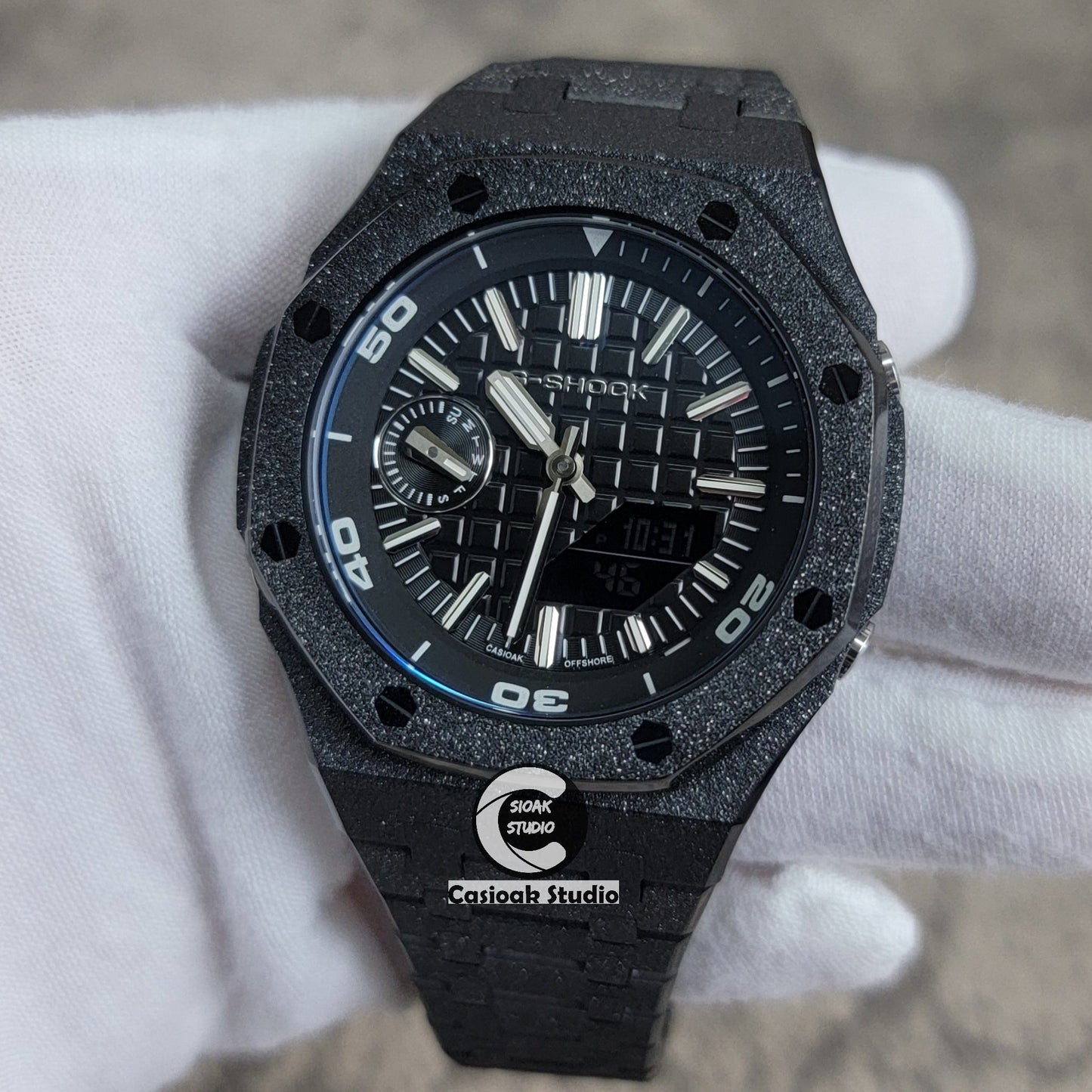 Casioak Mod Watch NEW Frosted Black Case Metal Strap Silver Time Mark White Dial 44mm Sapphire Glass- Casioak Mod Casio G-Shock Royal Oak Custom Mens Luxury Watches Ga2100