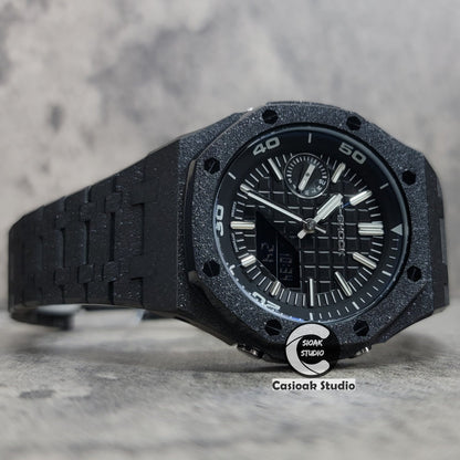 Casioak Mod Watch NEW Frosted Black Case Metal Strap Silver Time Mark White Dial 44mm Sapphire Glass- Casioak Mod Casio G-Shock Royal Oak Custom Mens Luxury Watches Ga2100