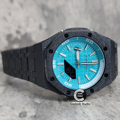 Casioak Mod Watch NEW Frosted Black Case Metal Strap Tiff Silver Time Mark Tiff Blue Dial 44mm Sapphire Glass- Casioak Mod Casio G-Shock Royal Oak Custom Mens Luxury Watches Ga2100