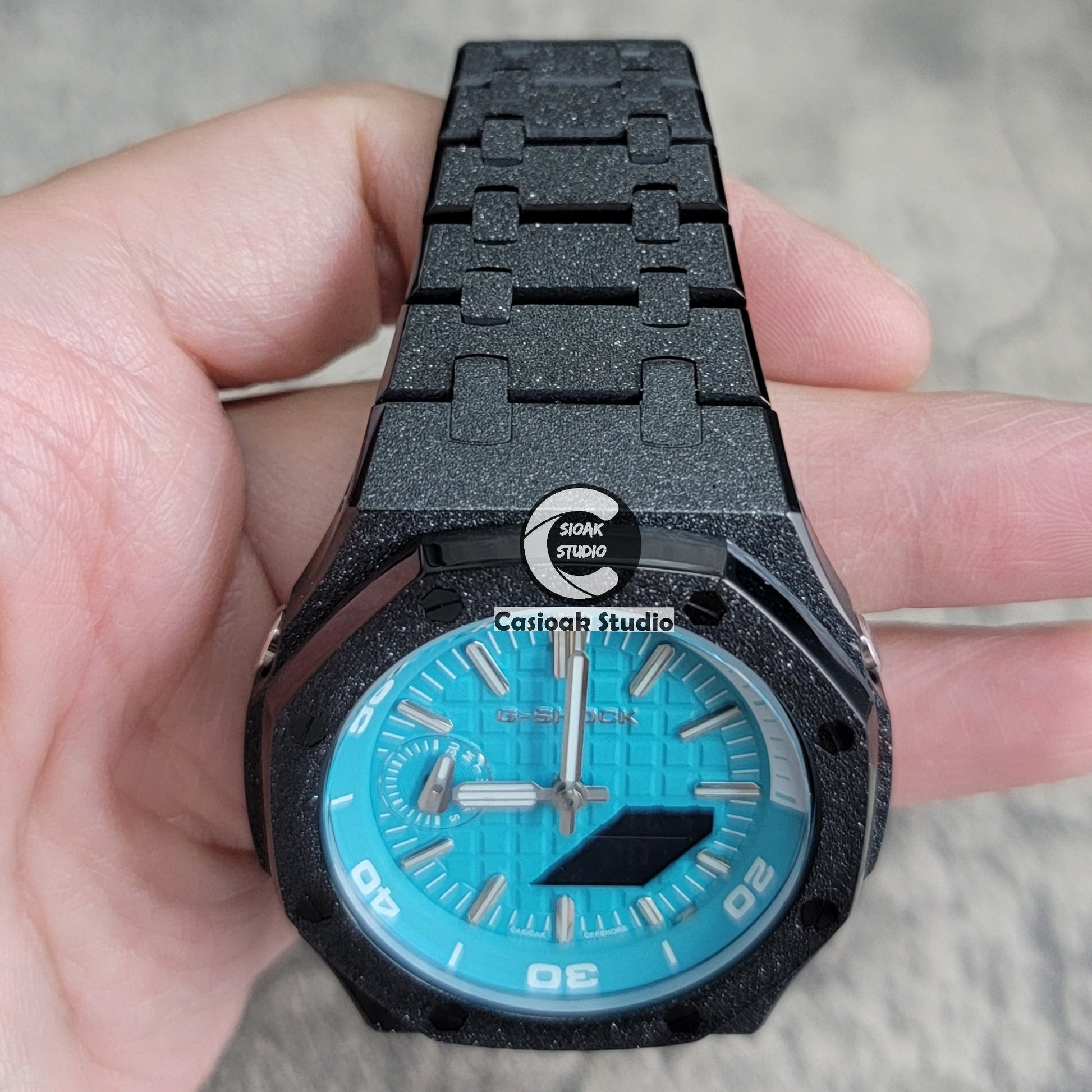 Casioak Mod Watch NEW Frosted Black Case Metal Strap Tiff Silver Time Mark Tiff Blue Dial 44mm Sapphire Glass- Casioak Mod Casio G-Shock Royal Oak Custom Mens Luxury Watches Ga2100