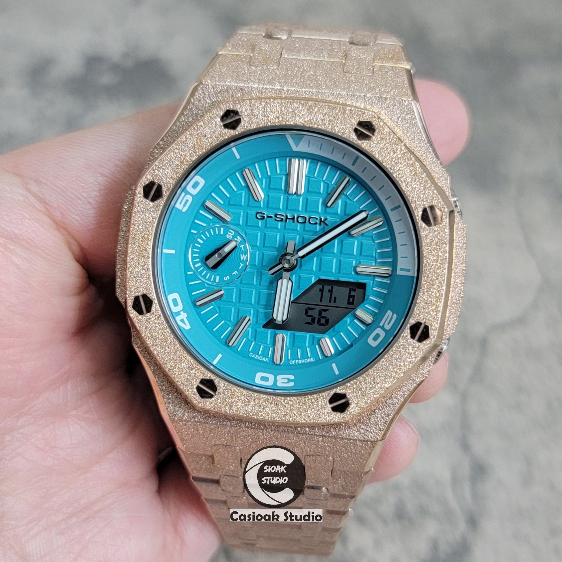 Casioak Mod Watch NEW Frosted Rose Gold Case Metal Strap Tiff Silver Time Mark Tiff Blue Dial 44mm Sapphire Glass- Casioak Mod Casio G-Shock Royal Oak Custom Mens Luxury Watches Ga2100