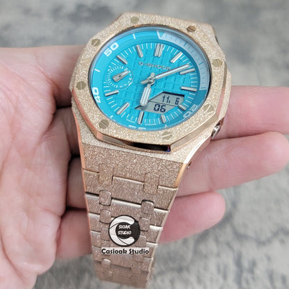 Casioak Mod Watch NEW Frosted Rose Gold Case Metal Strap Tiff Silver Time Mark Tiff Blue Dial 44mm Sapphire Glass- Casioak Mod Casio G-Shock Royal Oak Custom Mens Luxury Watches Ga2100