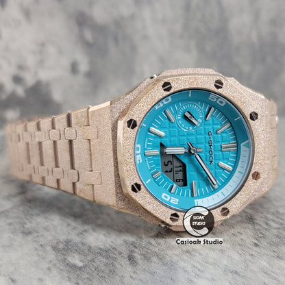 Casioak Mod Watch NEW Frosted Rose Gold Case Metal Strap Tiff Silver Time Mark Tiff Blue Dial 44mm Sapphire Glass- Casioak Mod Casio G-Shock Royal Oak Custom Mens Luxury Watches Ga2100