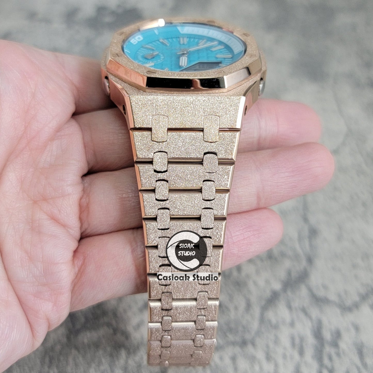 Casioak Mod Watch NEW Frosted Rose Gold Case Metal Strap Tiff Silver Time Mark Tiff Blue Dial 44mm Sapphire Glass- Casioak Mod Casio G-Shock Royal Oak Custom Mens Luxury Watches Ga2100