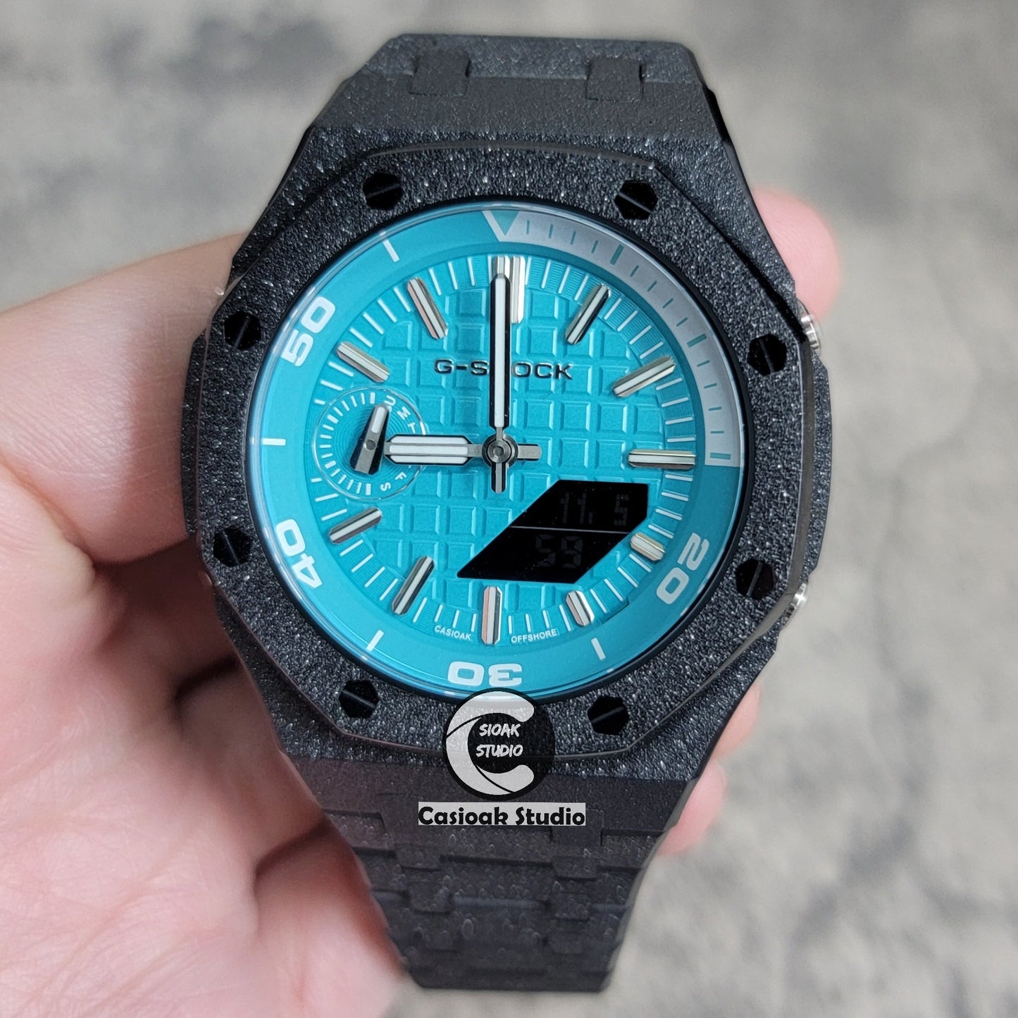 Casioak Mod Watch NEW Frosted Silver Case Metal Strap Tiff Silver Time Mark Tiff Blue Dial 44mm Sapphire Glass- Casioak Mod Casio G-Shock Royal Oak Custom Mens Luxury Watches Ga2100